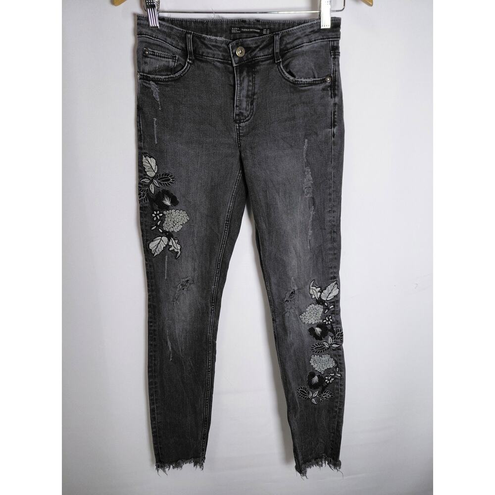 ZARA Trafaluc Embroidered Jeans Black Denim Size 4